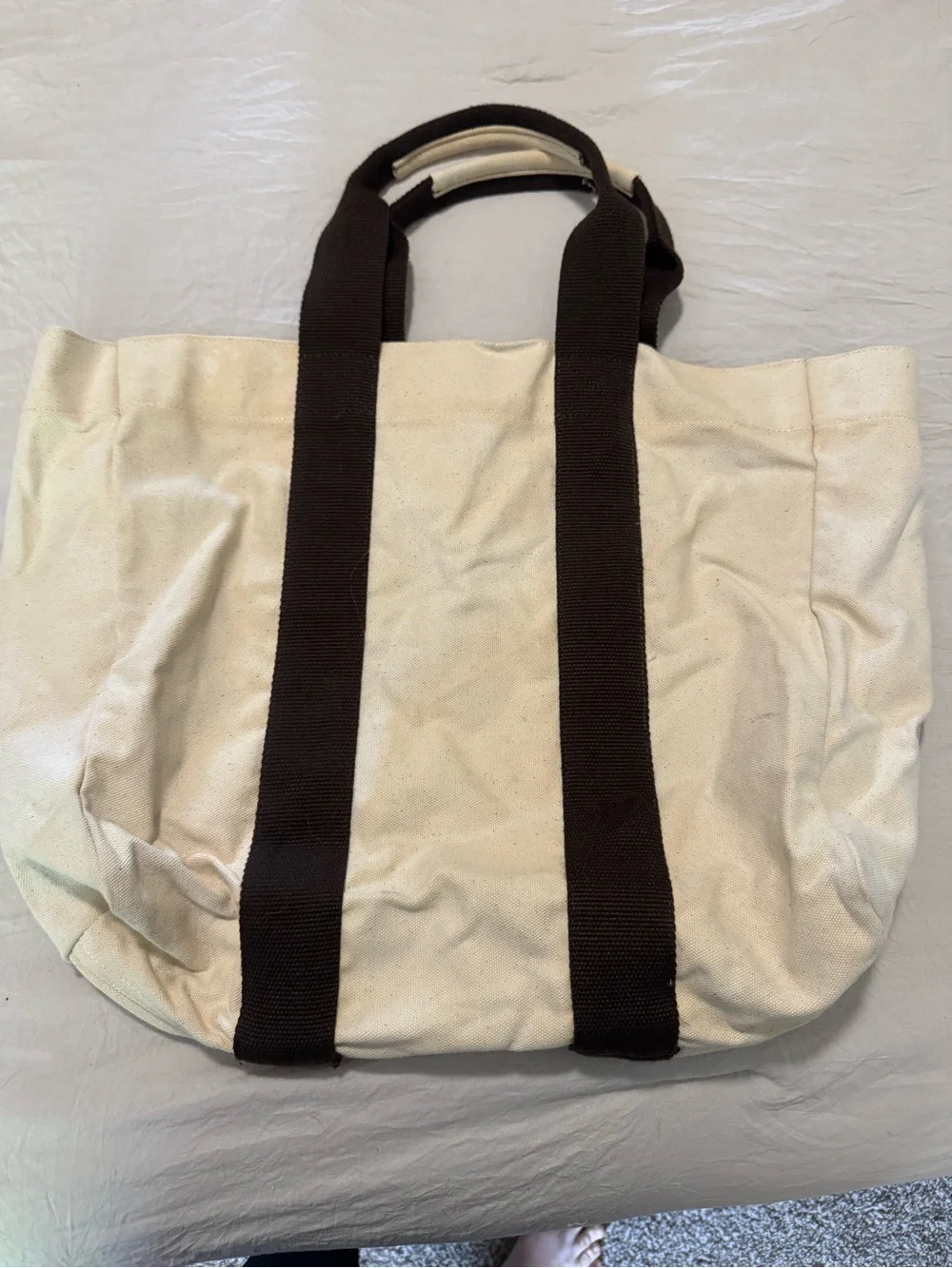Canvas Tote Bag with Dark Brown Straps - Neutral Cream